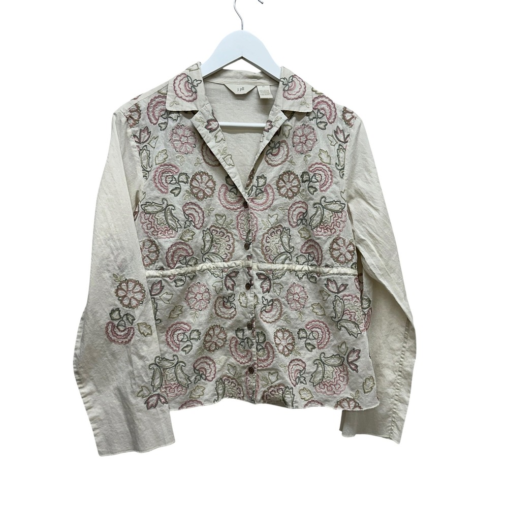 J. Jill Embroidered Linen Blend Floral Button Front Blouse Cream Rose Sage 10 L